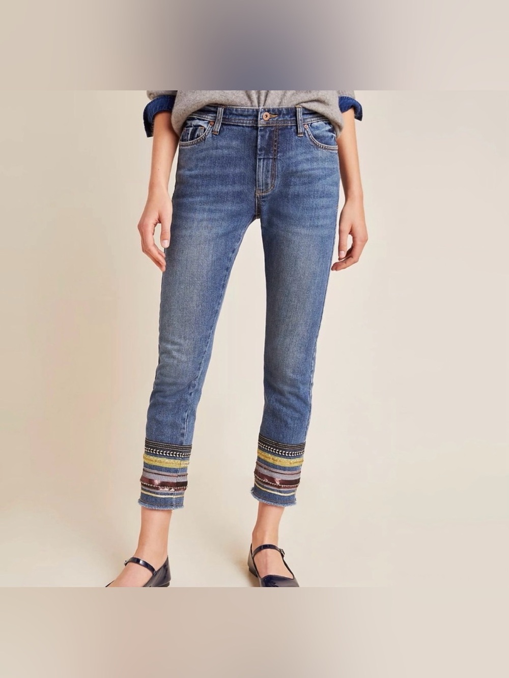 Pilcro & Letterpress Cropped Jeans Multicolor Embroidered Cuffs size 31P - Picture 2 of 11